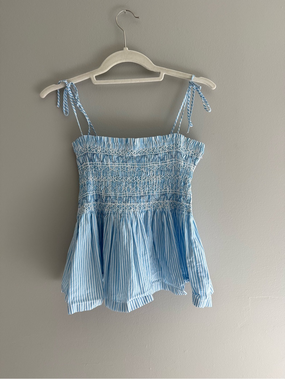 J. Crew Smocked Tie-Shoulder Blue Striped Peplum Top
